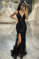 Load image into Gallery viewer, Glitter Black Mermaid Long Feathered Formal Dress With Slit