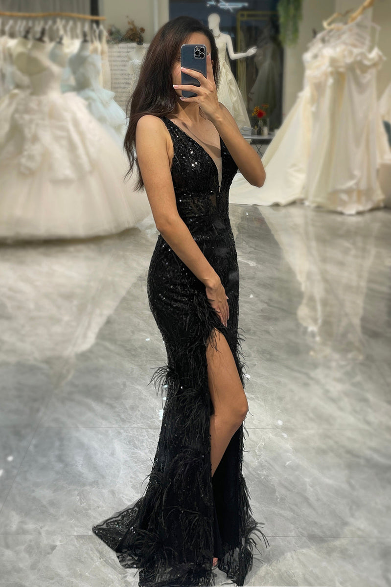 Load image into Gallery viewer, Glitter Black Mermaid Long Feathered Formal Dress With Slit
