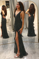 Load image into Gallery viewer, Sparkly Black Mermaid Long Feathered Formal Dress With Slit