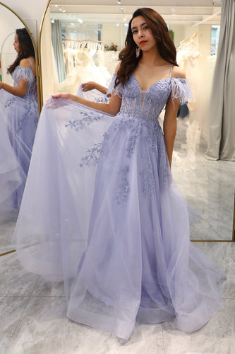 Lilac A Line Long Corset Formal Dress With Appliques