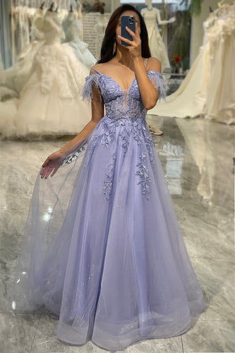 Lilac A Line Tulle Long Corset Appliqued Formal Dress