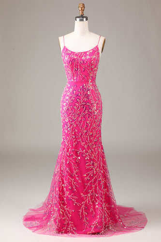 Hot Pink Sequins Mermaid Formal Dress with Beading