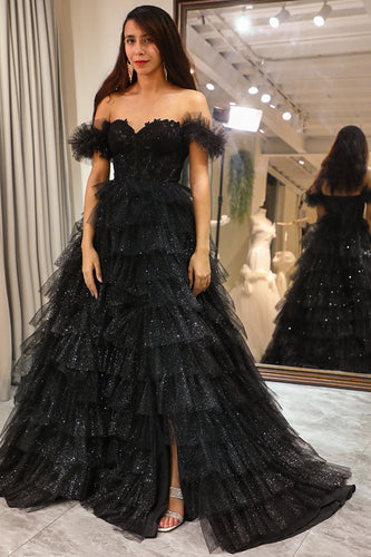 Sparkly Black Long Corset Tiered Detachable Off the Shoulder Formal Dress With Slit