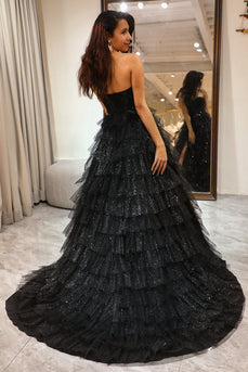 Sparkly Black Long Corset Tiered Detachable Off the Shoulder Formal Dress With Slit