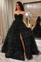 Load image into Gallery viewer, Sparkly Black Long Corset Tiered Detachable Off the Shoulder Formal Dress With Slit