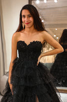 Load image into Gallery viewer, Sparkly Black Long Corset Tiered Detachable Off the Shoulder Formal Dress With Slit