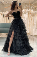 Load image into Gallery viewer, Glitter Black Long Corset Tiered Formal Dress With Slit