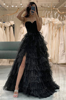 Load image into Gallery viewer, Glitter Black Long Corset Tiered Formal Dress With Slit