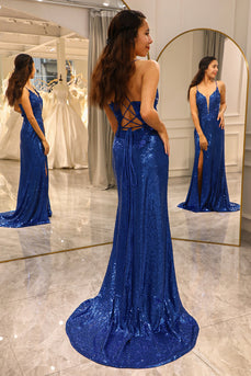Sparkly Royal Blue Mermaid V Neck Long Formal Dress With Slit