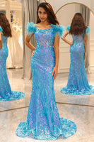 Load image into Gallery viewer, Shiny Light Blue Mermaid Long Formal Dress With Feather