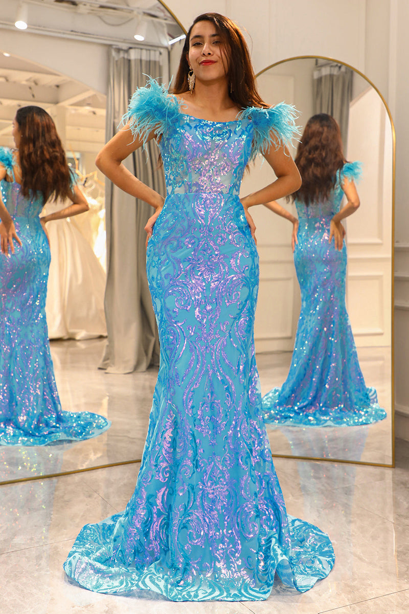 Load image into Gallery viewer, Shiny Light Blue Mermaid Long Formal Dress With Feather