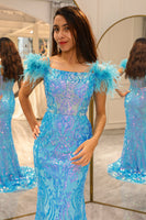 Load image into Gallery viewer, Shiny Light Blue Mermaid Long Formal Dress With Feather