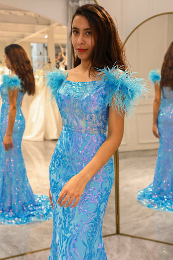 Shiny Light Blue Mermaid Long Formal Dress With Feather