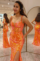 Load image into Gallery viewer, Sparkly Orange Mermaid Long Corset Formal Dress With Slit