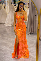 Load image into Gallery viewer, Glitter Orange Mermaid Long Corset Formal Dress With Slit