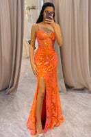 Load image into Gallery viewer, Glitter Orange Mermaid Long Corset Formal Dress With Slit