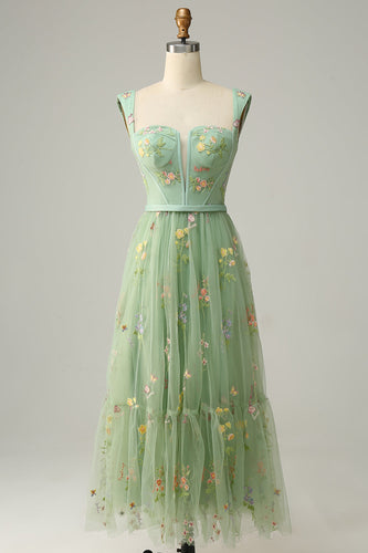 A Line Sweetheart Green Long Formal Dress with Embroidery