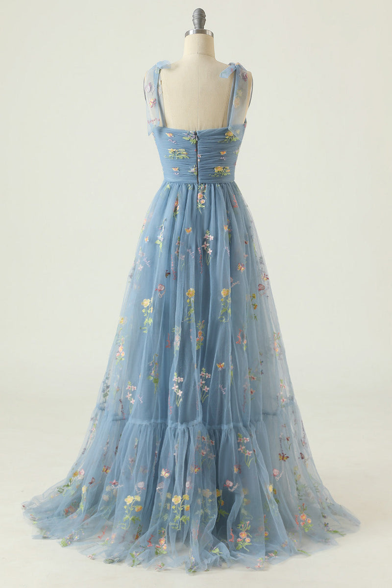 Load image into Gallery viewer, Grey Blue Long Formal Dress With Embroidery