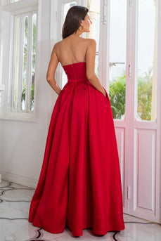 A Line Strapless Red Long Formal Dress with Split Front