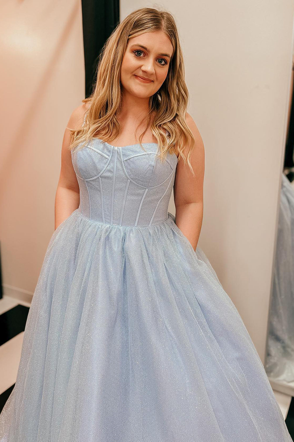 A Line Spaghetti Straps Sky Blue Long Formal Dress