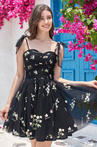 Cute A-Line Black Short Formal Dress With Embroidery