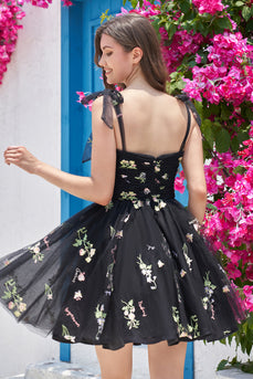 Cute A-Line Black Short Formal Dress With Embroidery