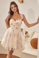 Load image into Gallery viewer, Cute A Line Spaghetti Straps Champagne Semi Formal Dresses with Embroidery