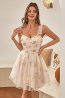 Load image into Gallery viewer, Cute A Line Spaghetti Straps Champagne Semi Formal Dresses with Embroidery
