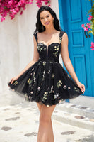 Load image into Gallery viewer, Cute A Line Off the Shoulder Black Corset Short Formal Dress with Embroidery