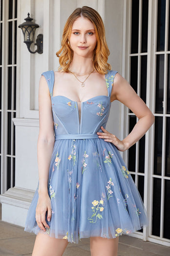 Cute A Line Sweetheart Grey Blue Short Formal Dress with Embroidery