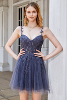 Load image into Gallery viewer, A Line Spaghetti Straps Grey Short Formal Dress with Appliques