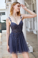 Load image into Gallery viewer, A Line Spaghetti Straps Grey Short Formal Dress with Appliques