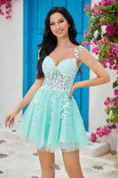 Load image into Gallery viewer, Unique A Line Spaghetti Straps Mint Short Formal Dress with Appliques