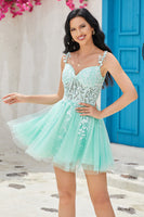 Load image into Gallery viewer, Unique A Line Spaghetti Straps Mint Short Formal Dress with Appliques