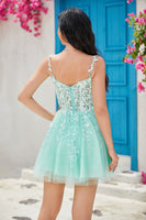 Load image into Gallery viewer, Unique A Line Spaghetti Straps Mint Short Formal Dress with Appliques