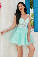 Load image into Gallery viewer, Unique A Line Spaghetti Straps Mint Short Formal Dress with Appliques