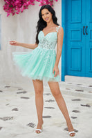 Load image into Gallery viewer, Unique A Line Spaghetti Straps Mint Short Formal Dress with Appliques