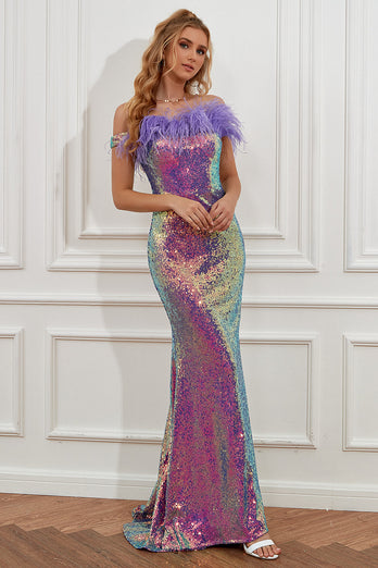 Light Purple Sequined Gradient Evening Dress with Feathers