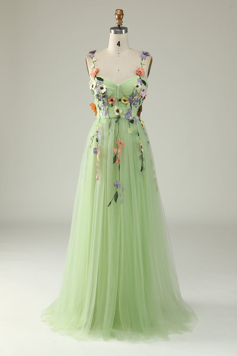 Load image into Gallery viewer, Green Spaghetti Straps Long Formal Dress With 3D Flowers