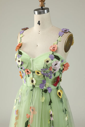 Green Spaghetti Straps Long Formal Dress With 3D Flowers