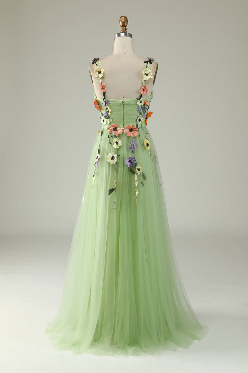 Load image into Gallery viewer, Green Spaghetti Straps Long Formal Dress With 3D Flowers