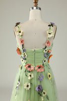 Load image into Gallery viewer, Green Spaghetti Straps Long Formal Dress With 3D Flowers