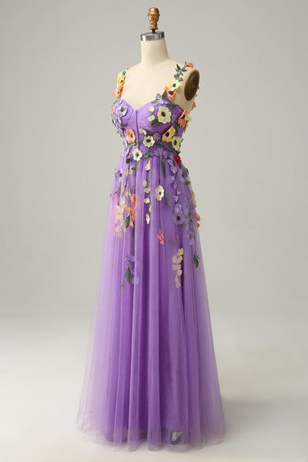 Dark Purple Spaghetti Straps Formal Dress With 3D Flowers