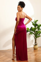 Load image into Gallery viewer, Fuchsia One Shoulder Velvet Long Bridesmaid Dress