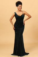 Load image into Gallery viewer, Dark Green Mermaid Velvet Backless Long Bridesmaid Dress