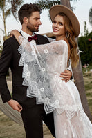 Load image into Gallery viewer, Ivory and Champagne Lace Boho Wedding Dress With Cape