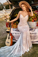 Load image into Gallery viewer, Ivory and Champagne Spaghetti Straps Mermaid Lace Beach Wedding Dress With Sweep Train