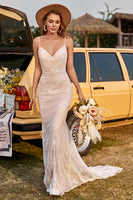 Load image into Gallery viewer, Ivory and Champagne Spaghetti Straps Mermaid Lace Beach Wedding Dress With Sweep Train