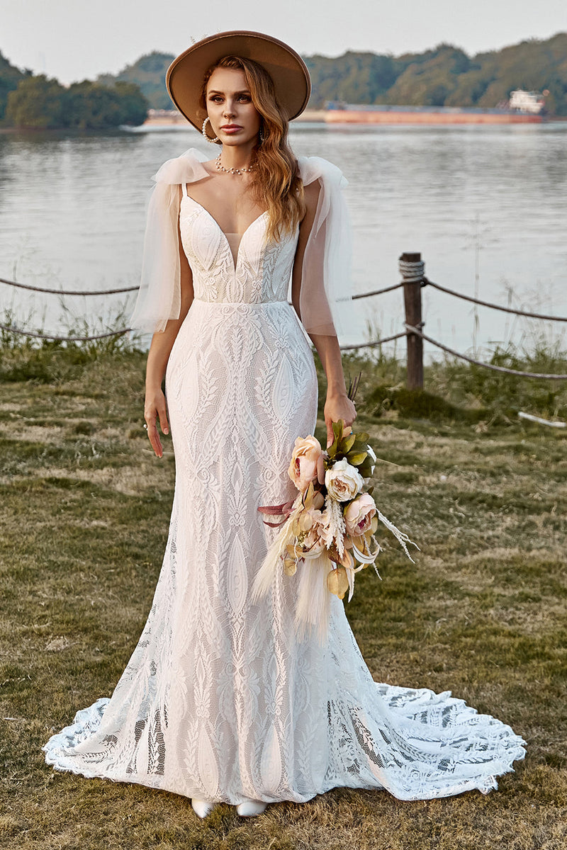 Load image into Gallery viewer, Ivory Mermaid Lace Sweep Train Boho Wedding Dress With Bowknots