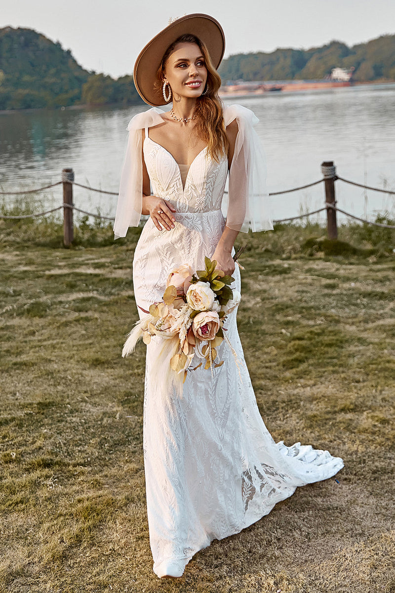 Load image into Gallery viewer, Ivory Mermaid Lace Sweep Train Boho Wedding Dress With Bowknots